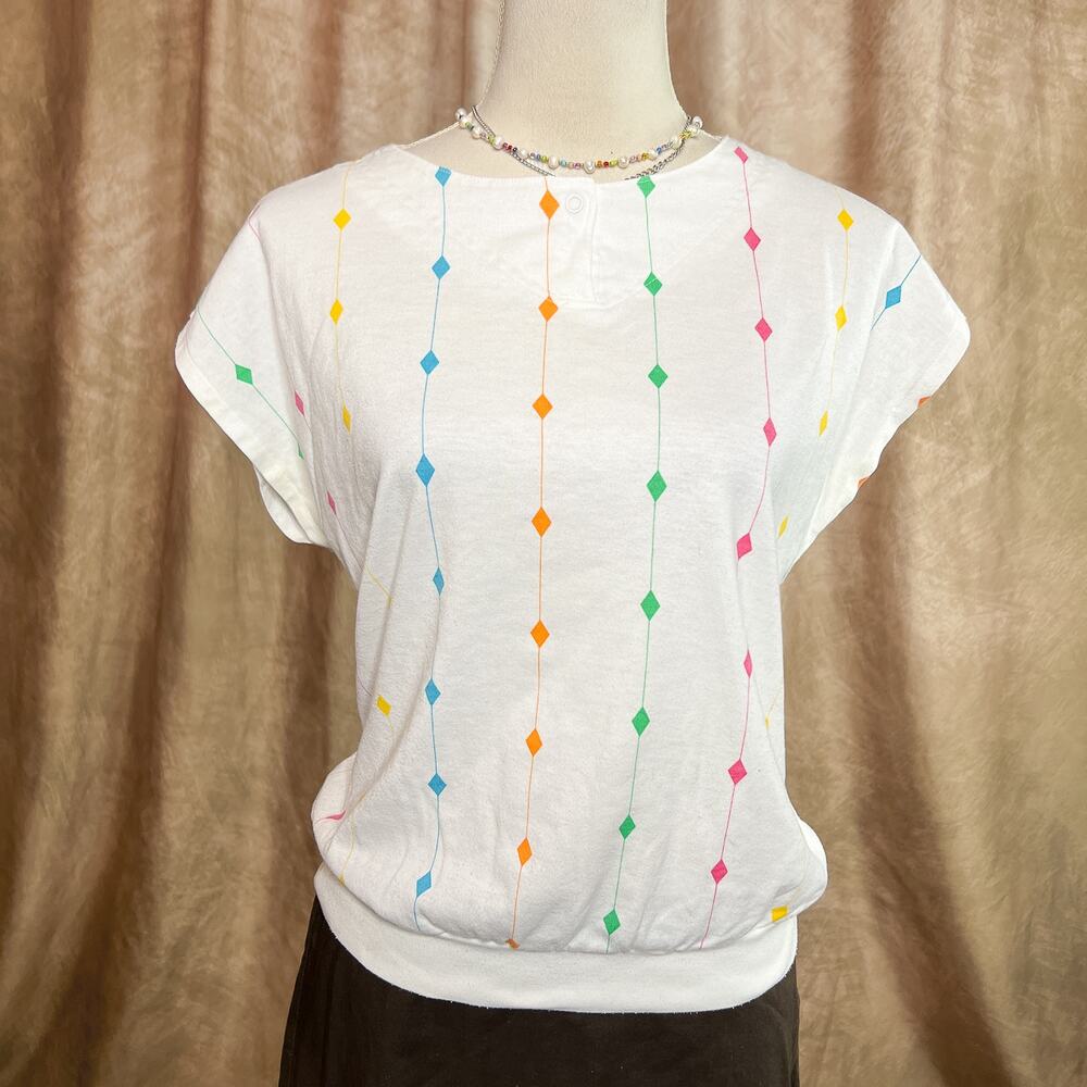 Vintage Diamond Top 70s Dolman Sleeve Multicolor Striped Shirt Rainbow Pattern